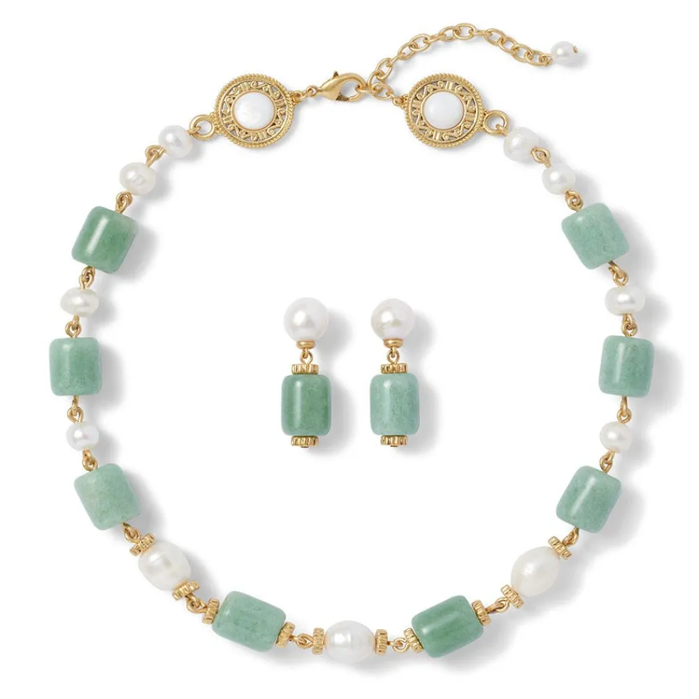 Jewelry Sets^The Met Store Karavas Gems Large-Bead Aventurine and Pearl Necklace and Drop Earrings Set